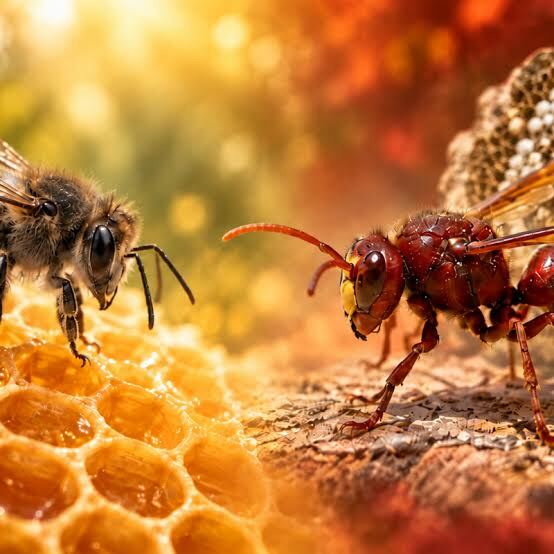 Illustration of a honeybee on honeycomb facing a red Oriental hornet