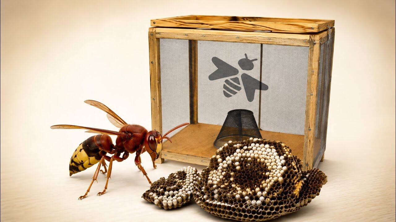 Illustration of an Oriental hornet beside a wooden mesh trap and a hornet nest